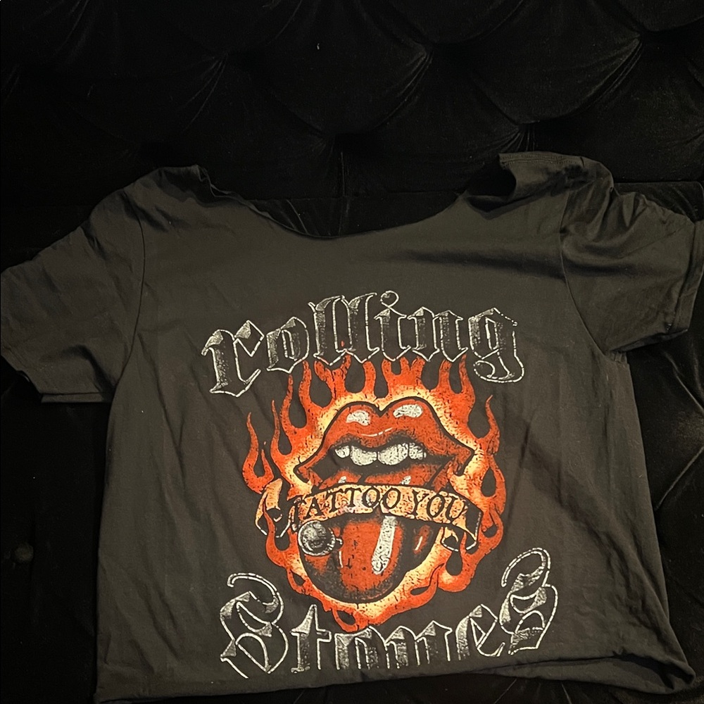The Rolling Stones women’s off the shoulder  Tee - Black with Fiery Graphic